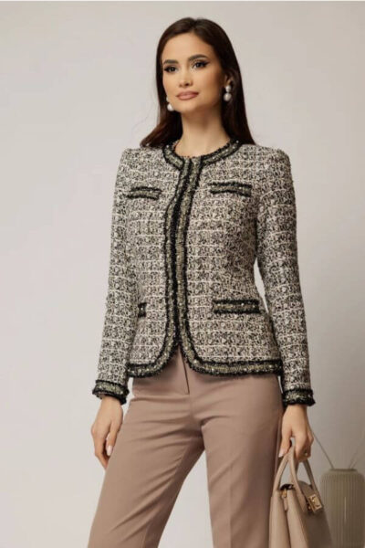 jacheta dama din tweed alb negru