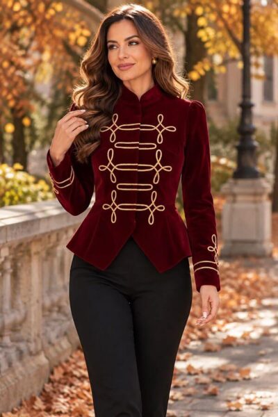 sacou asimetric catifea bordo si auriu